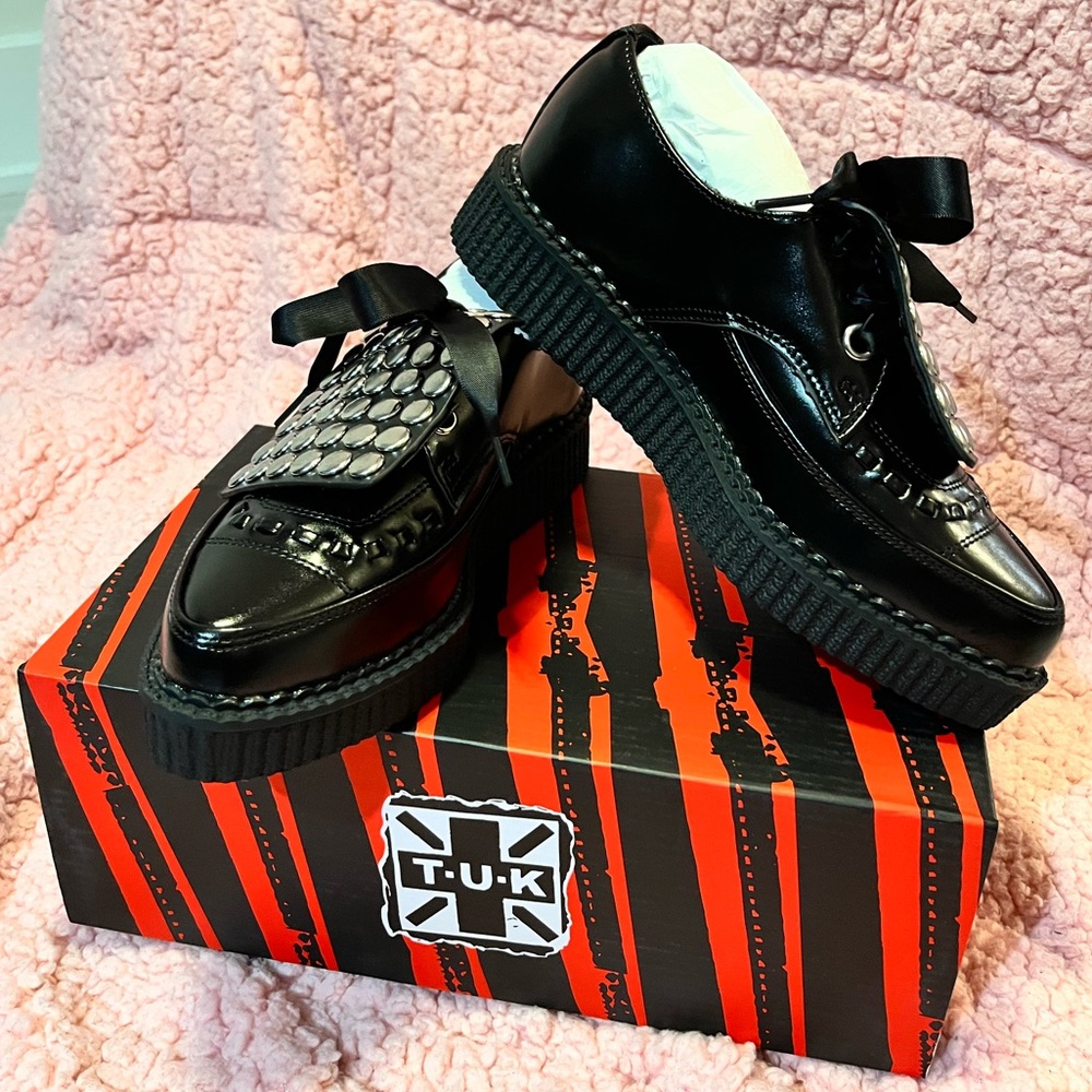 NWT T.U.K. Black Studded Kilt Pointed Platform Creeper Men/Women Goth Punk Emo